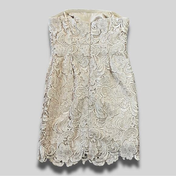 ADRIANNA PAPELL LACE BOHO OVERLAY STRAPELESS COCKTAIL DRESS CREAM - 10 - Picture 3 of 7